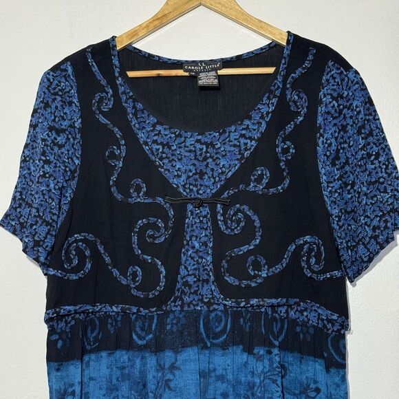 VINTAGE 90s CAROLE LITTLE Maxi Dress Blue Black Rayon Vest Soutache USA Size 16 - Picture 3 of 10